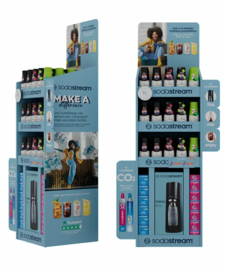 Fully stocked blue bay with Pepsi drinks, sparkling kits, and cylinders